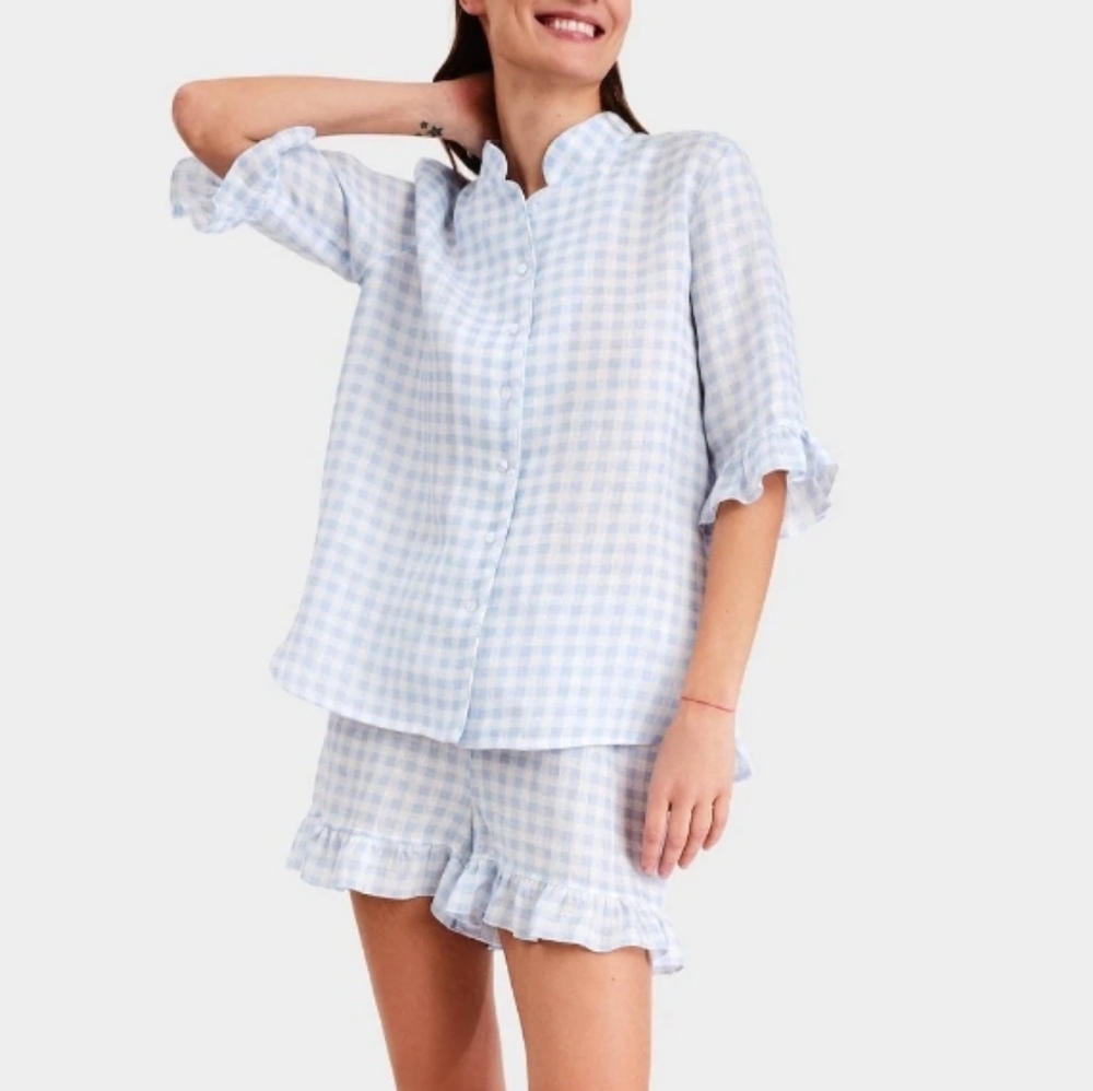 Sleeper Blue Gingham Linen Ruffled Pajama Set XS